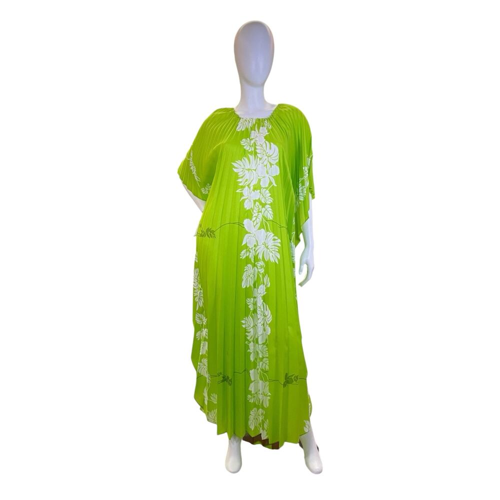 1970s Vintage Hawaiian Kaftan Dress Chartreuse Accordion Pleated Hostess Gown